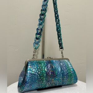 Iridescent Croc-Embossed Leather Handmade Kisslock Baguette Bag/Multi Use Style